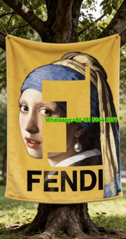 Fendi Girl with a Pearl Earring Art FF Monogram Flannel Sofa Throw Blanket IMG_9400